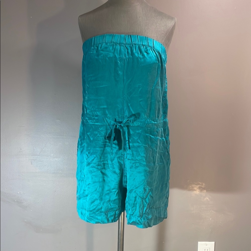 PURE SILK beautiful TEAL Club Monaco Strapless Jumpsuit bust 16-19” waist 19”
